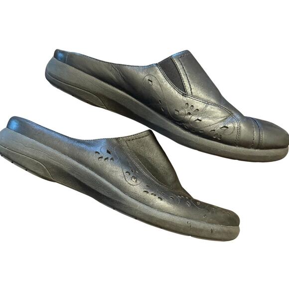 Obeo black leather slip on mules flats cut out rubber sole shoes comfy size 9 - Picture 2 of 6